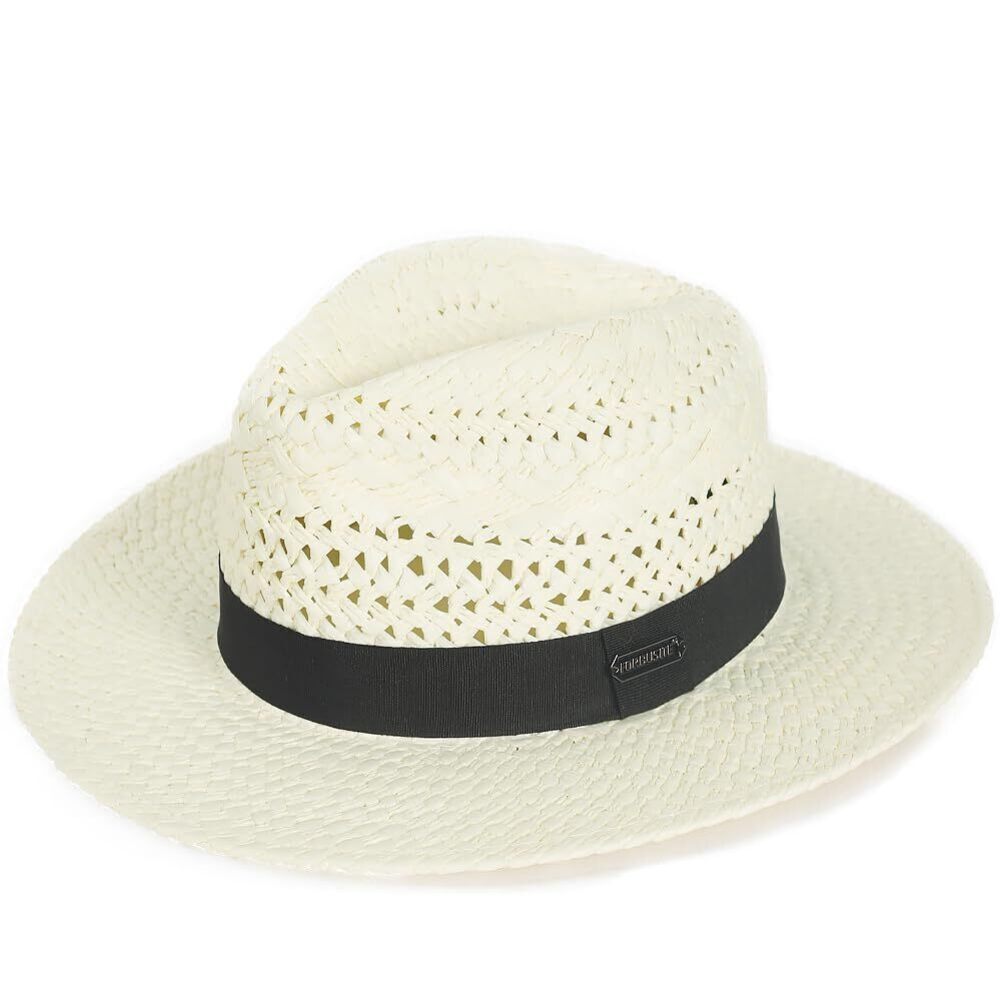 6808 Vented Panama Fedora Sun Hat , Black Ribbon and Patterned Weave Accent